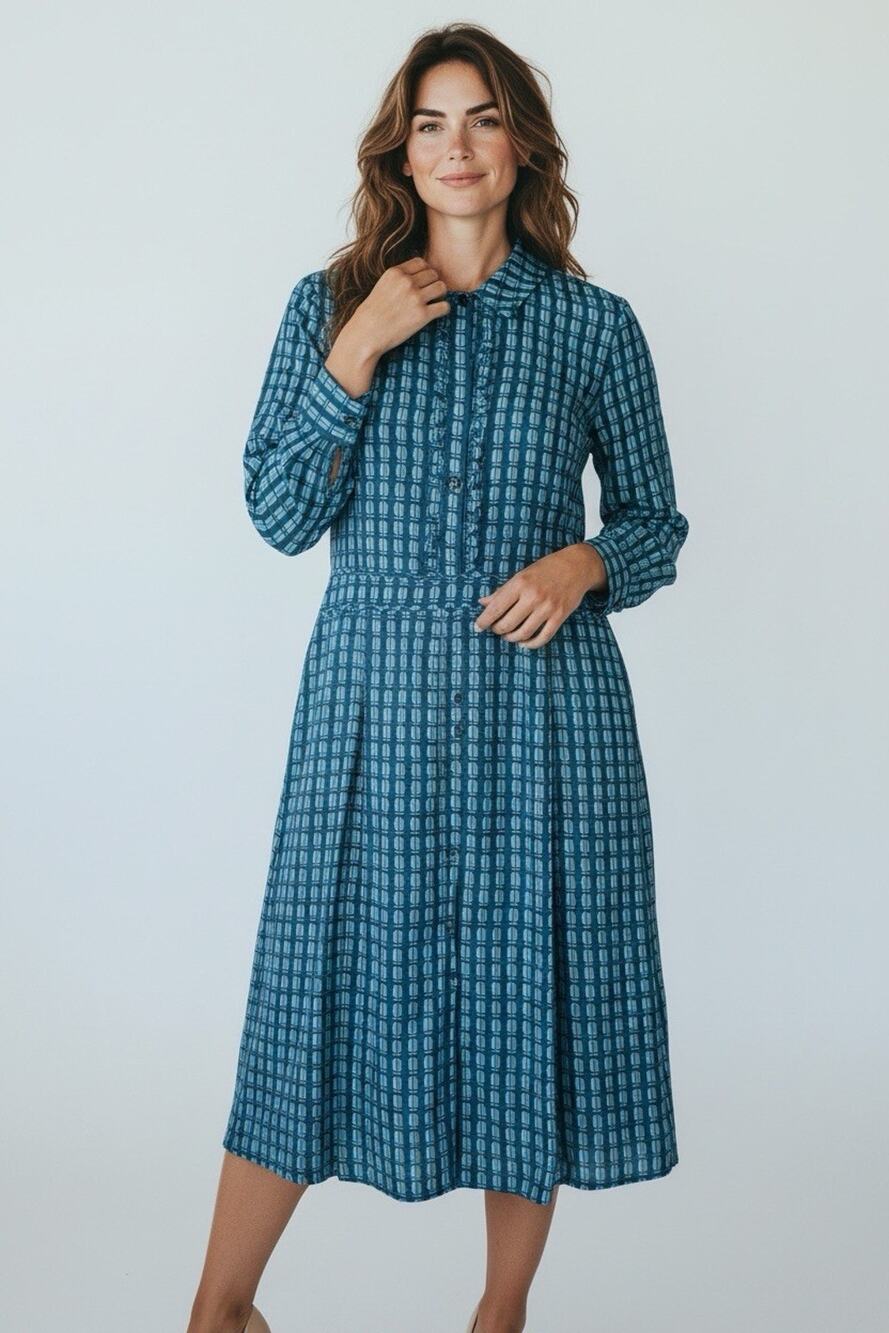 Tory Burch Blue Patterned Midi Shirt Dress